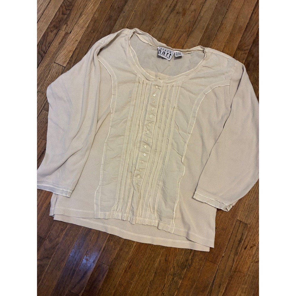 Keren Hart Cream Beige Ribbed Mixed Media Button Front Long Sleeve Top L